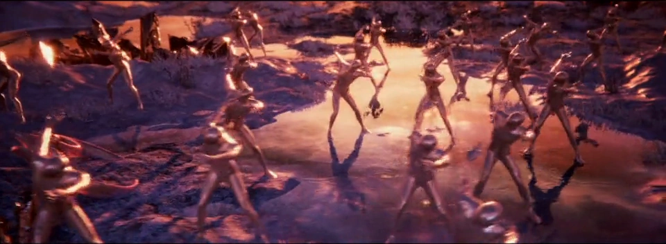 Reflective human-like figures are arranged across a violet and copper-colored ground.