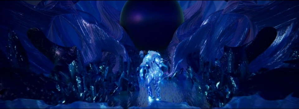 A luminous blue figure appears beneath a dark sphere in a blue sculptural space.