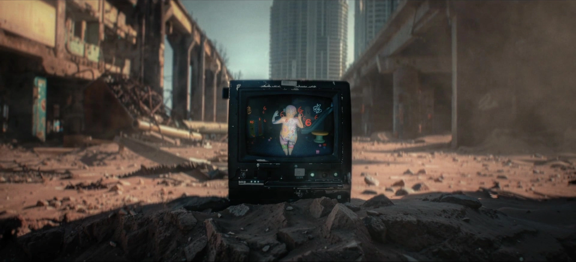 Ghost Swing — A television plays amid an abandoned city