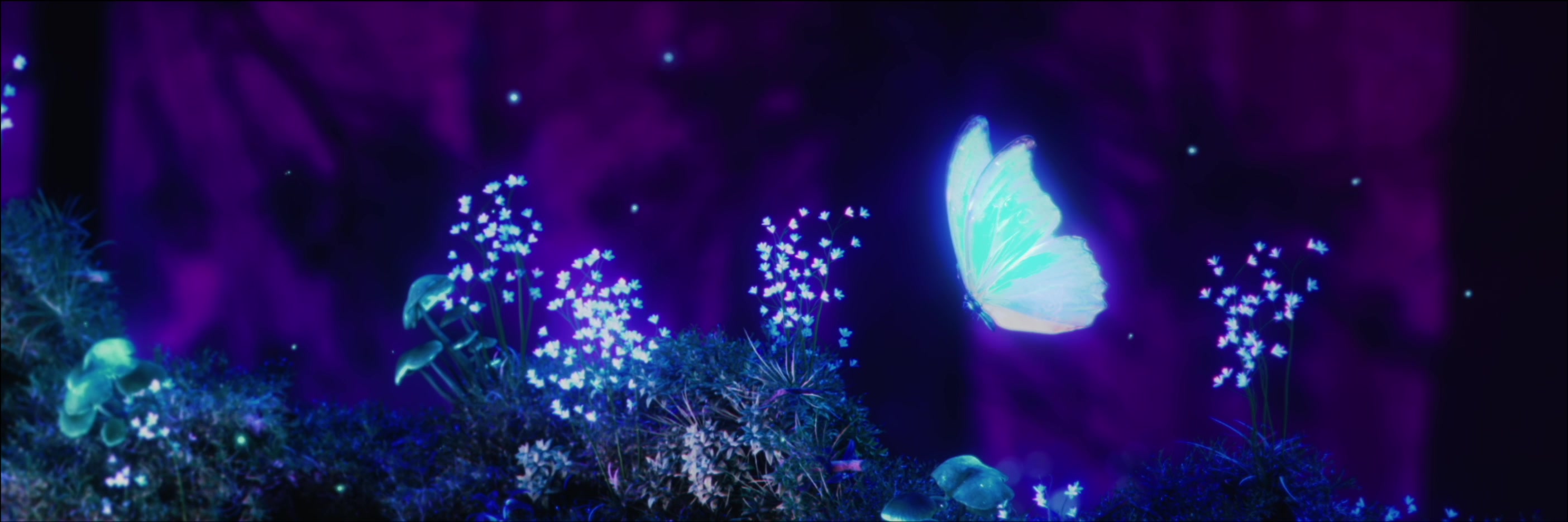 A glowing blue butterfly hovers among plants in a purple forest.