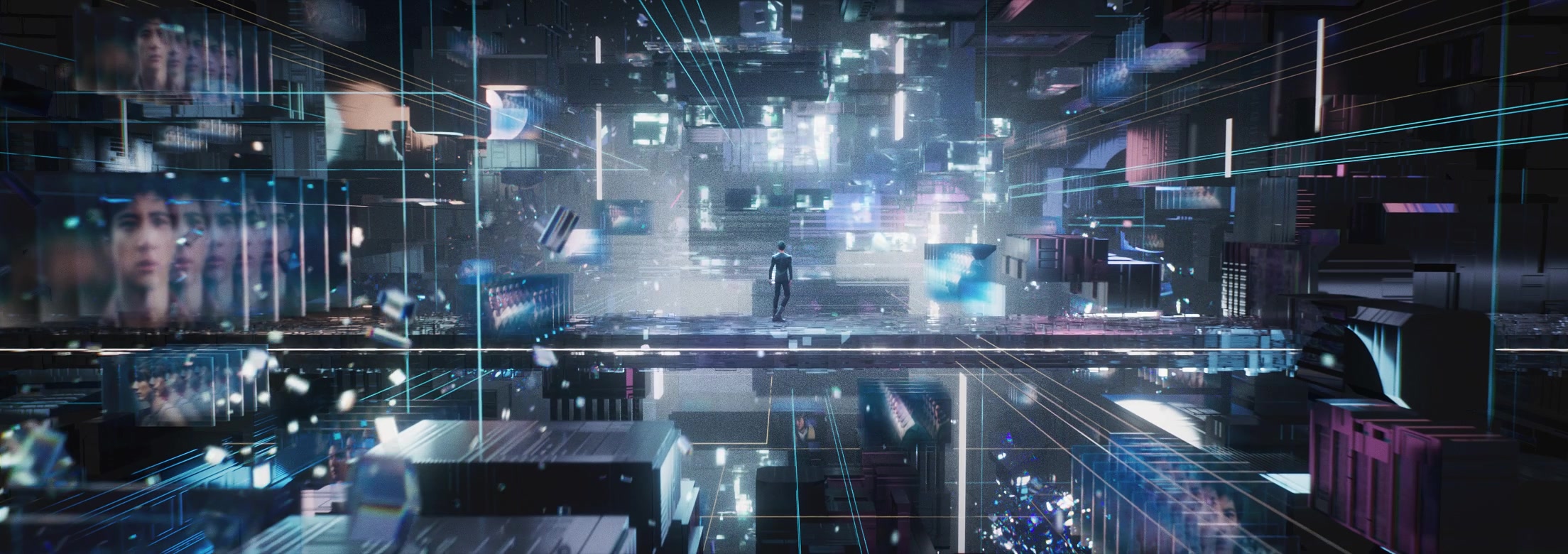 A figure stands among luminous screens and reflective structures in The Best Place.