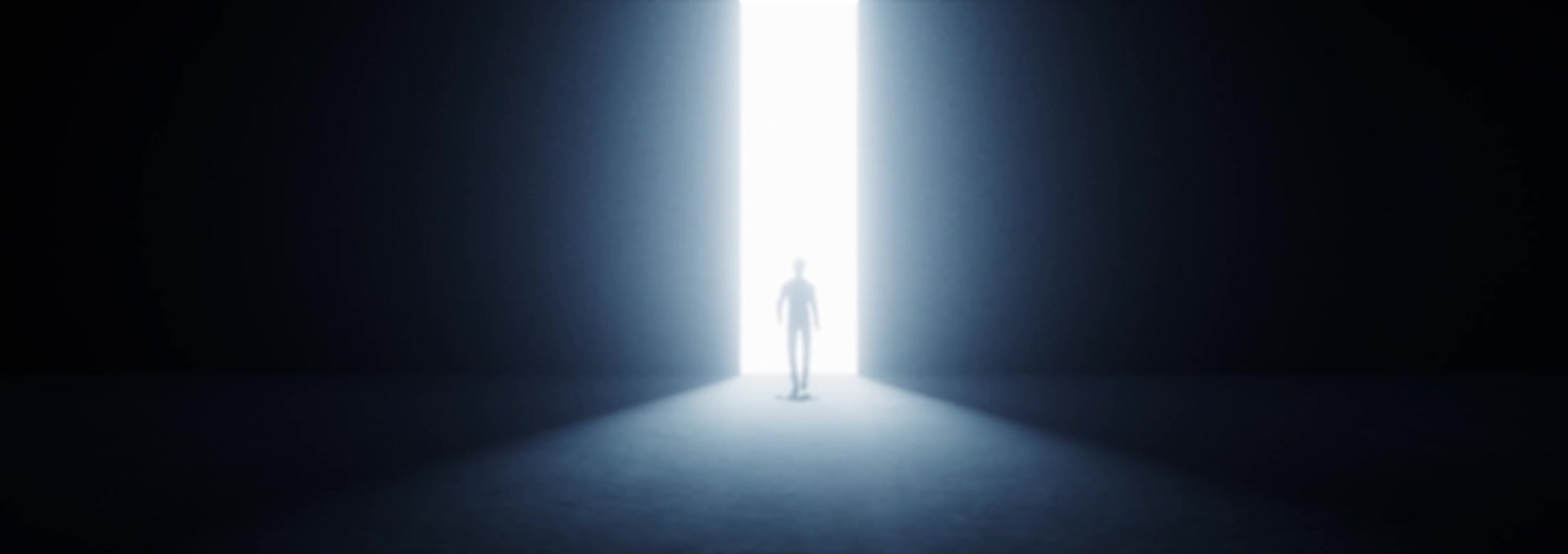 A silhouetted figure stands before a towering doorway of white light.
